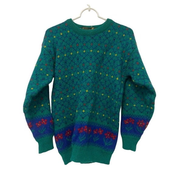 Sweaters - Tulchan Pullover Wool Sweater Womens Medium Green Knit Vintage‎ Flowers